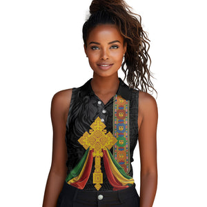 Ethiopia Lion Cross Women Sleeveless Polo Shirt Habesha Heritage Style