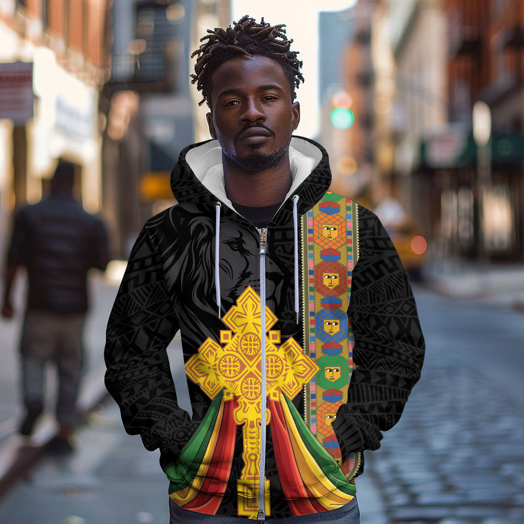 Ethiopia Lion Cross Zip Hoodie Habesha Heritage Style