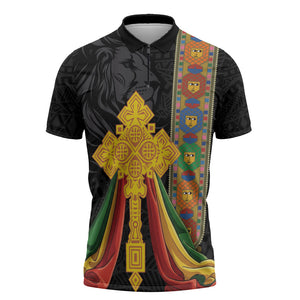 Ethiopia Lion Cross Zipper Polo Shirt Habesha Heritage Style