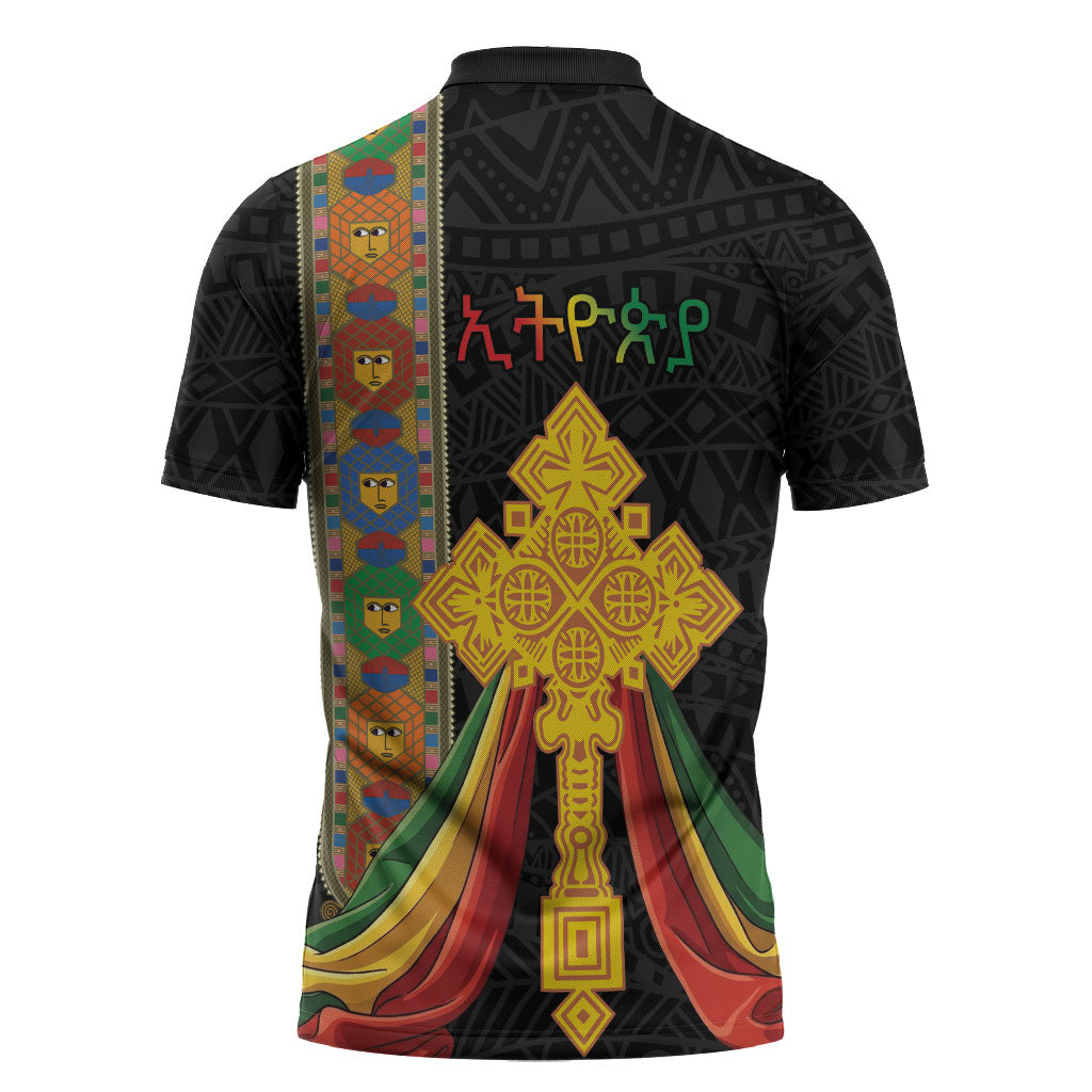 Ethiopia Lion Cross Zipper Polo Shirt Habesha Heritage Style