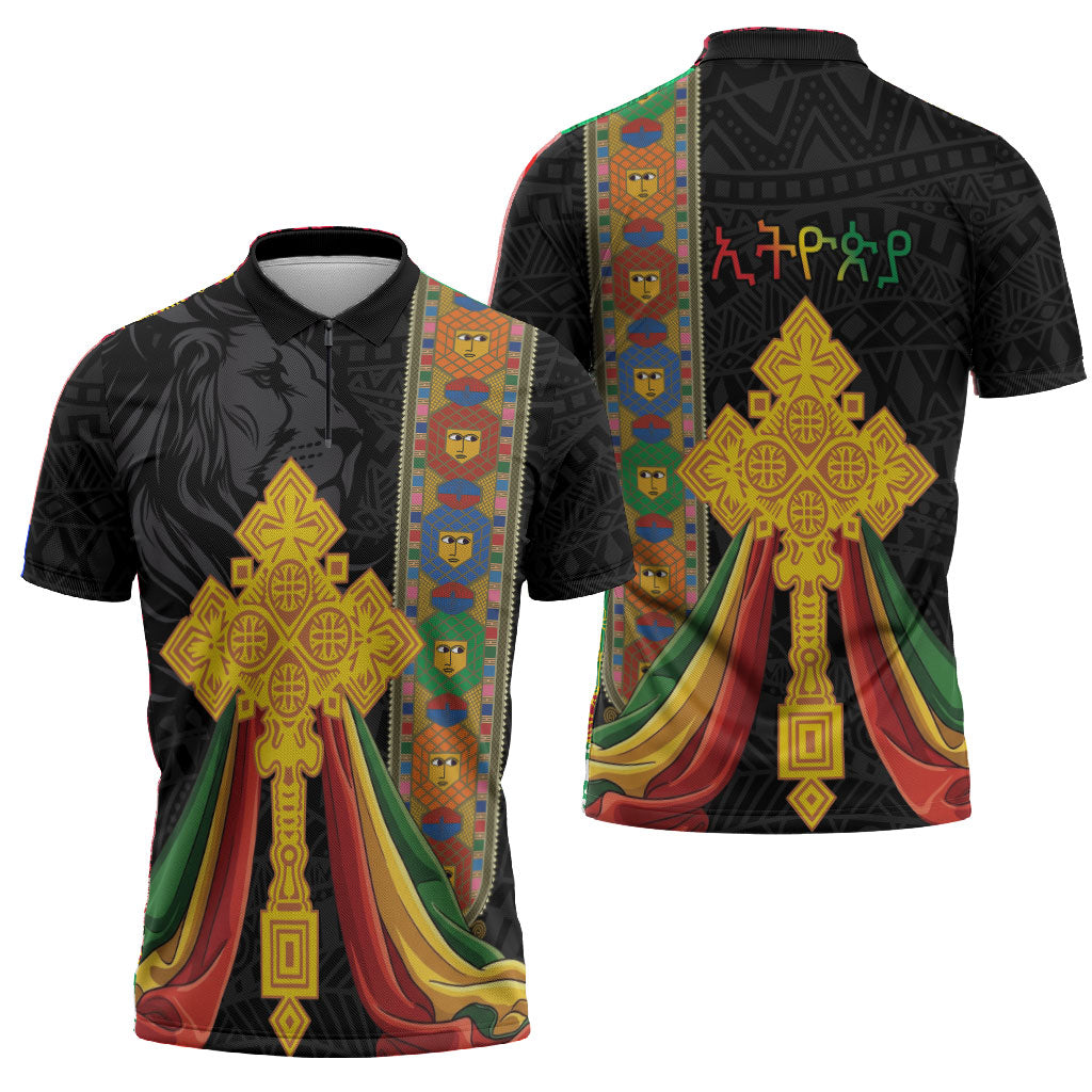 Ethiopia Lion Cross Zipper Polo Shirt Habesha Heritage Style