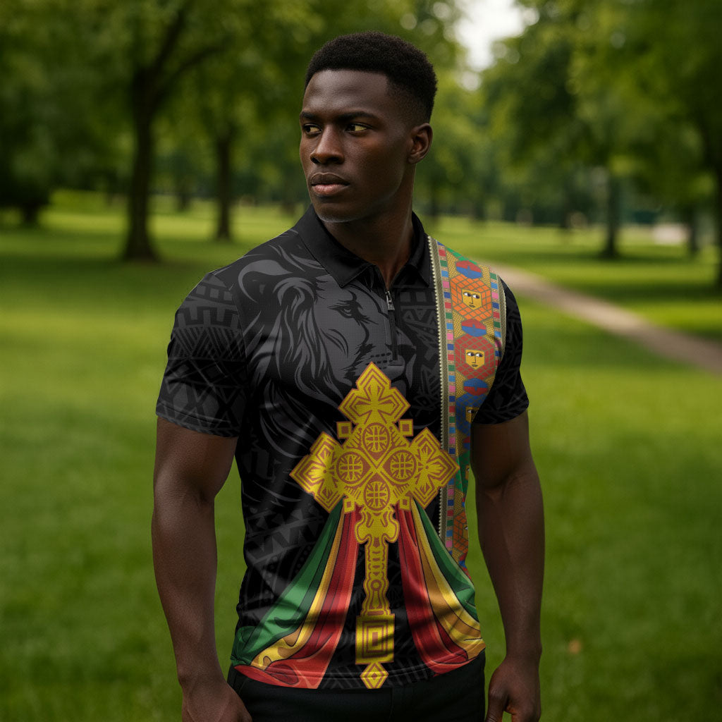 Ethiopia Lion Cross Zipper Polo Shirt Habesha Heritage Style