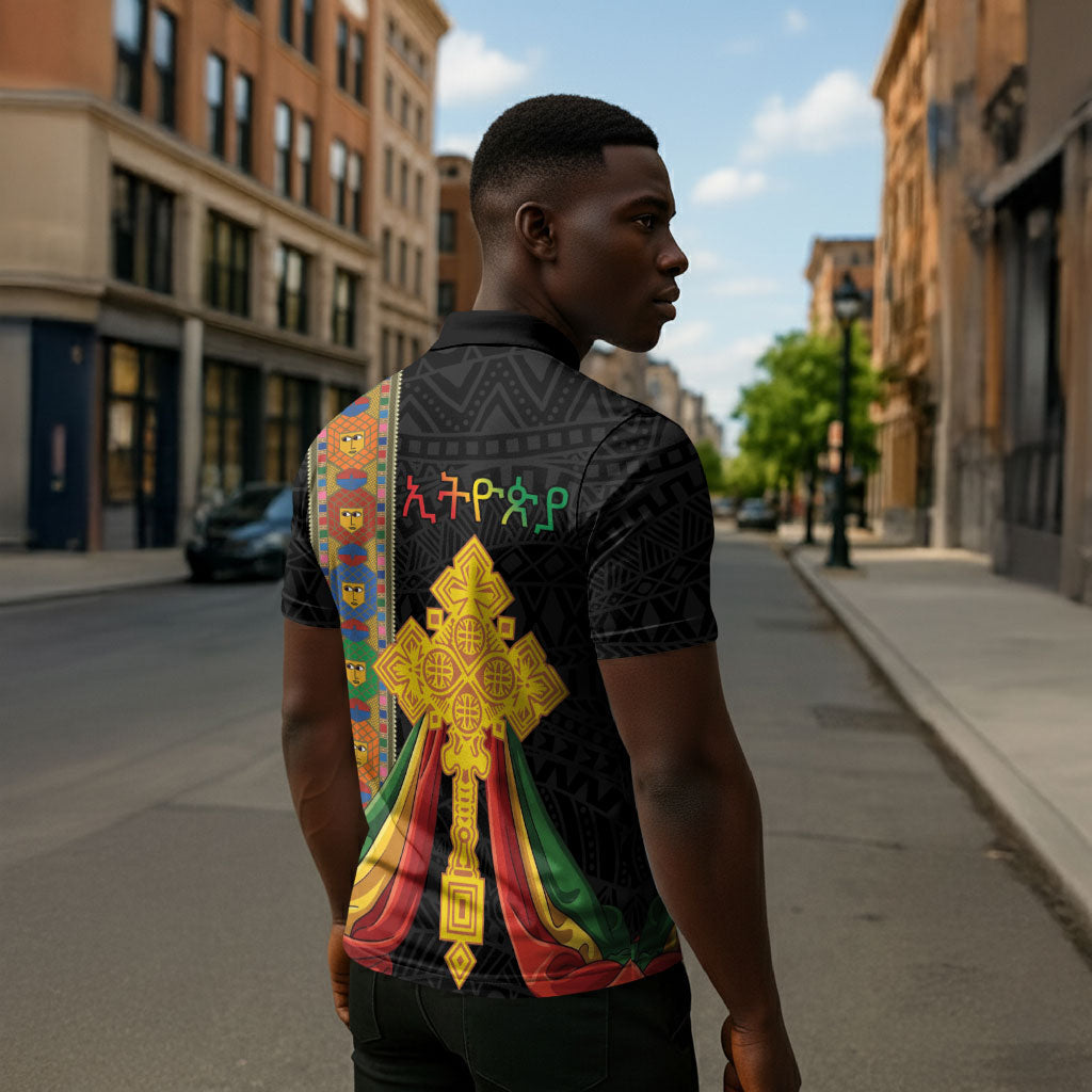 Ethiopia Lion Cross Zipper Polo Shirt Habesha Heritage Style