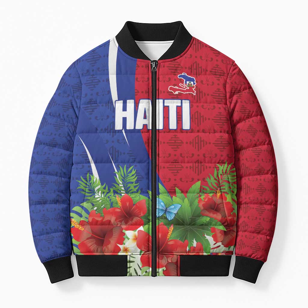 Personalized Afro-Haitians Tropical Bomber Puffer Jacket Fleur-De-Lis Veves Motif - African Pride