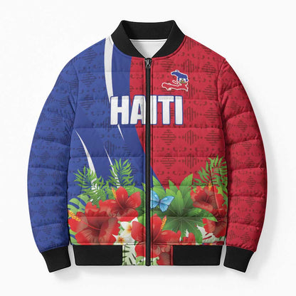 Personalized Afro-Haitians Tropical Bomber Puffer Jacket Fleur-De-Lis Veves Motif - African Pride