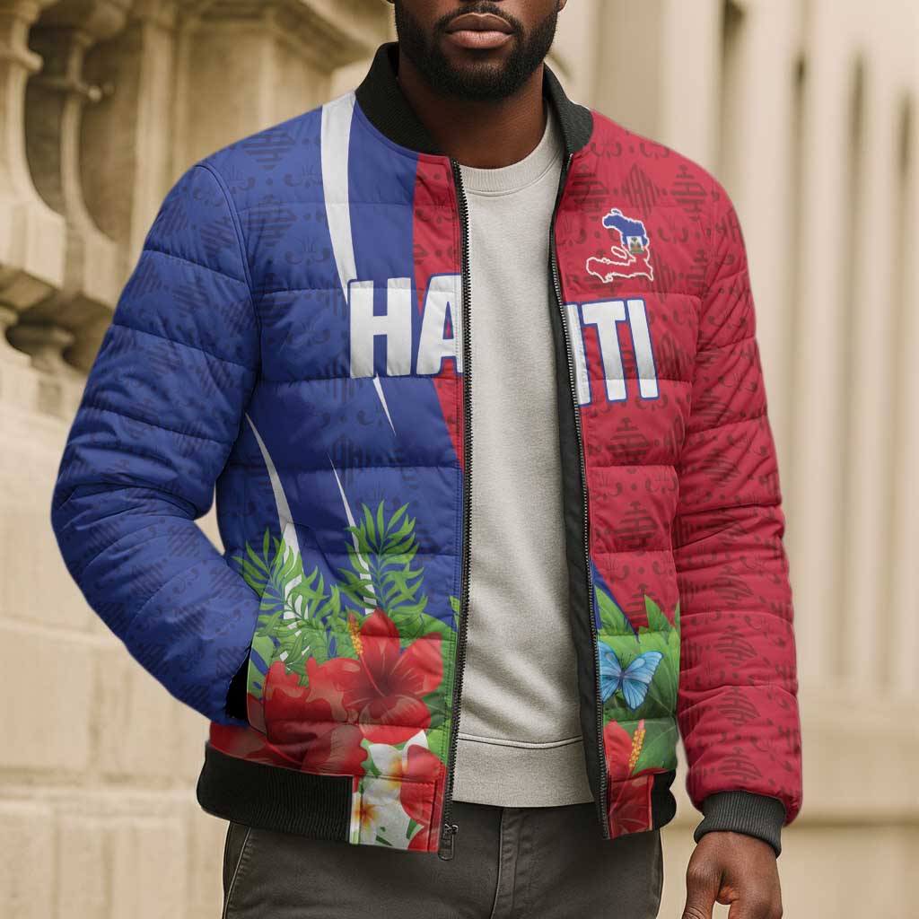 Personalized Afro-Haitians Tropical Bomber Puffer Jacket Fleur-De-Lis Veves Motif - African Pride