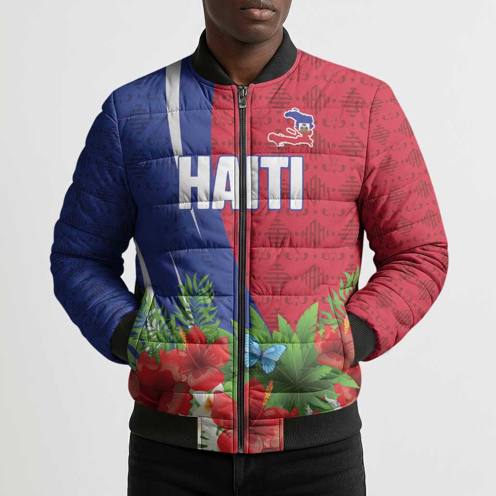 Personalized Afro-Haitians Tropical Bomber Puffer Jacket Fleur-De-Lis Veves Motif - African Pride