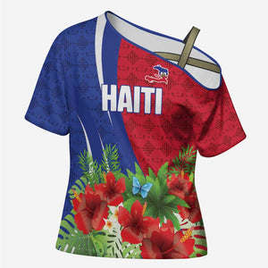 Personalized Afro-Haitians Tropical Cross Shoulder Shirt Fleur-De-Lis Veves Motif - African Pride