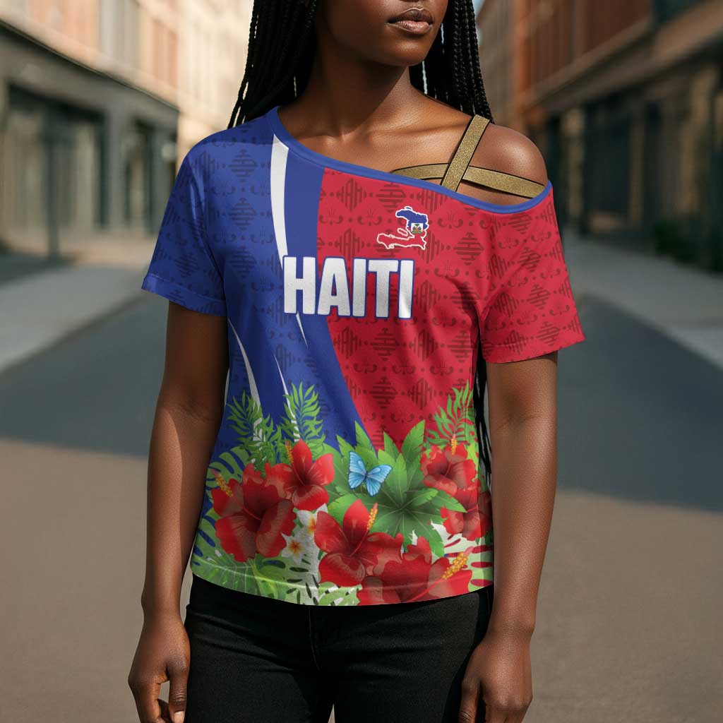 Personalized Afro-Haitians Tropical Cross Shoulder Shirt Fleur-De-Lis Veves Motif - African Pride