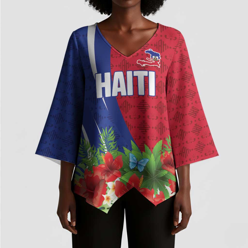 Personalized Afro-Haitians Tropical Kimono Sleeve Blouse Fleur-De-Lis Veves Motif - African Pride