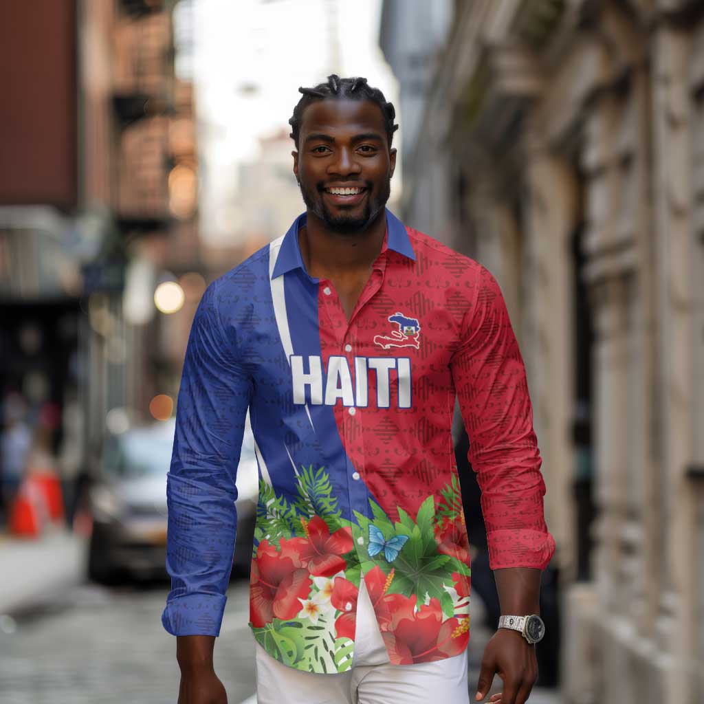 Personalized Afro-Haitians Tropical Long Sleeve Button Shirt Fleur-De-Lis Veves Motif - African Pride
