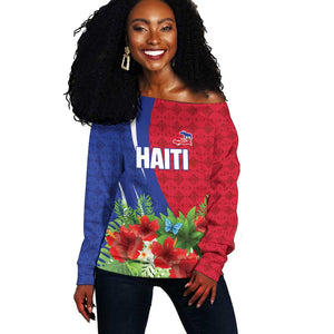 Personalized Afro-Haitians Tropical Off Shoulder Sweater Fleur-De-Lis Veves Motif - African Pride