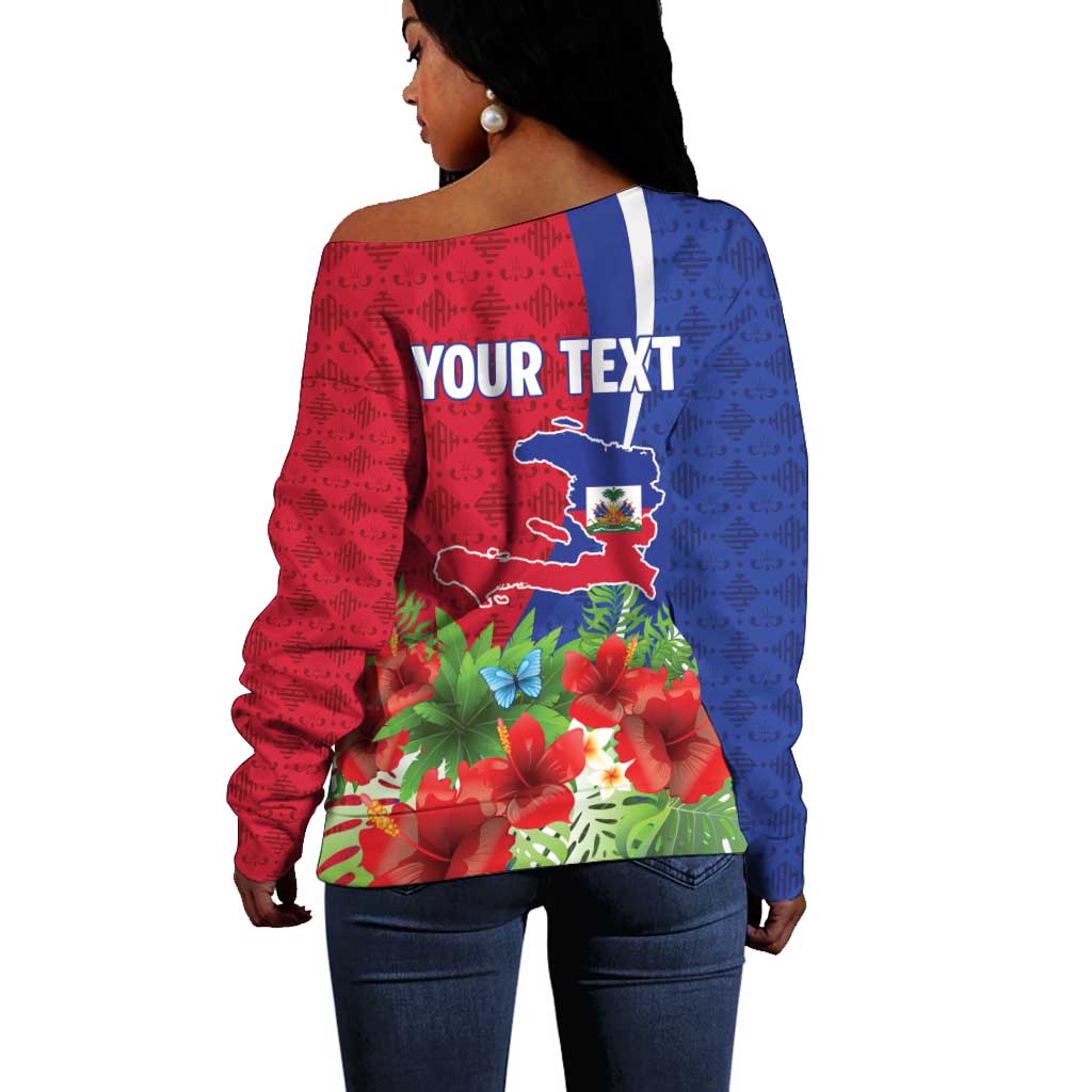 Personalized Afro-Haitians Tropical Off Shoulder Sweater Fleur-De-Lis Veves Motif - African Pride