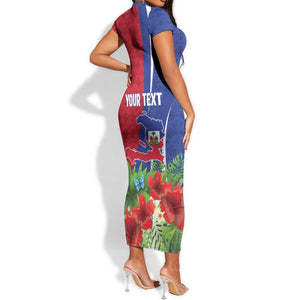 Personalized Afro-Haitians Tropical Short Sleeve Bodycon Dress Fleur-De-Lis Veves Motif LT18