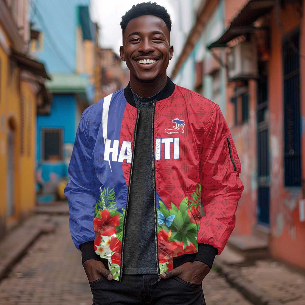 Personalized Afro-Haitians Tropical Sleeve Zip Bomber Jacket Fleur-De-Lis Veves Motif - African Pride