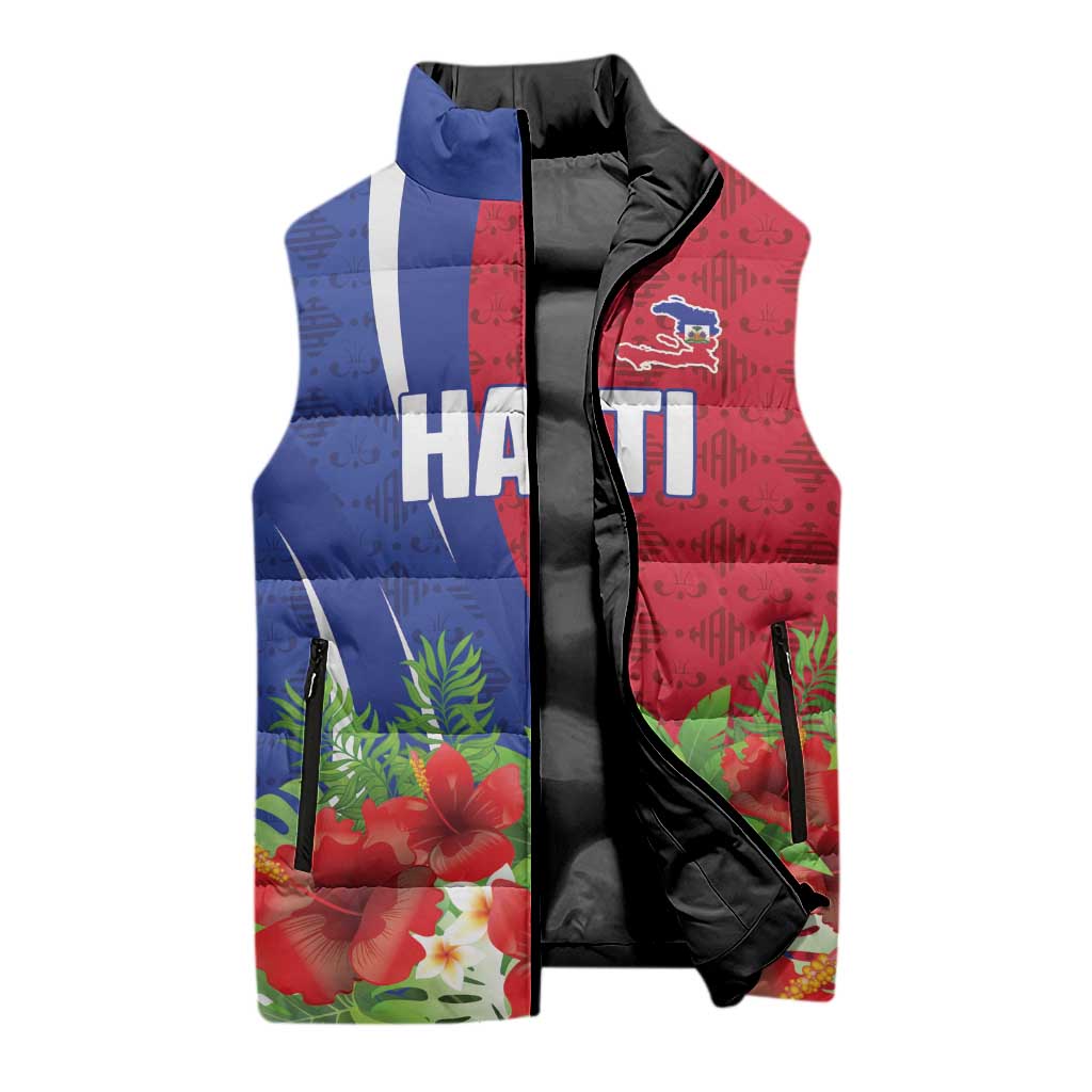 Personalized Afro-Haitians Tropical Sleeveless Puffer Jacket Fleur-De-Lis Veves Motif - African Pride