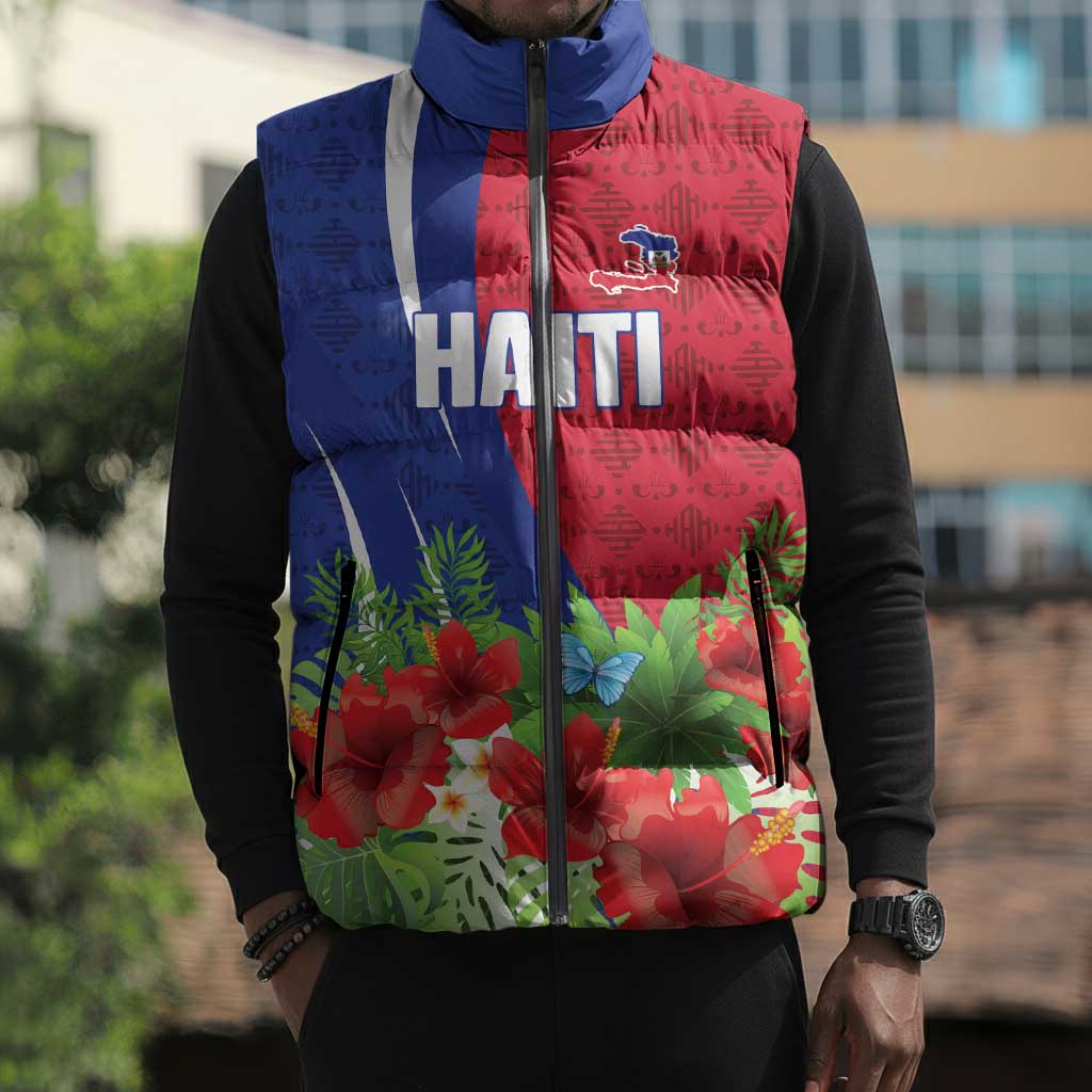 Personalized Afro-Haitians Tropical Sleeveless Puffer Jacket Fleur-De-Lis Veves Motif - African Pride