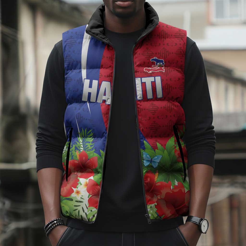 Personalized Afro-Haitians Tropical Sleeveless Puffer Jacket Fleur-De-Lis Veves Motif - African Pride