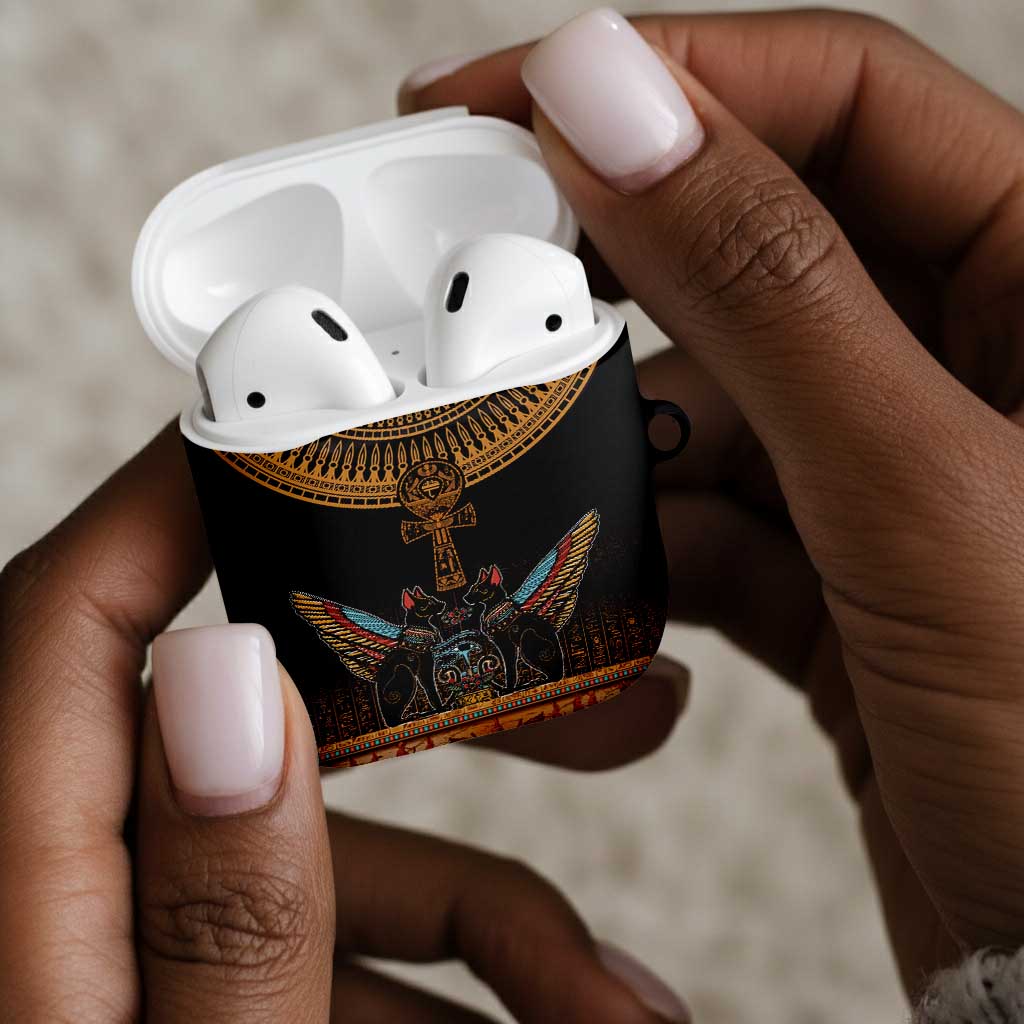 Winged Egypt Cats AirPods Case Hieroglyphs Alphabet Pattern