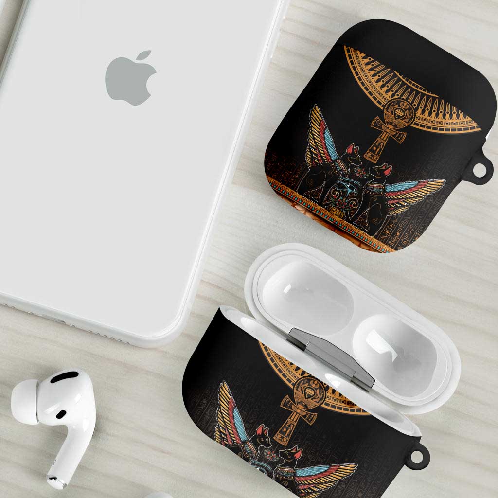 Winged Egypt Cats AirPods Case Hieroglyphs Alphabet Pattern