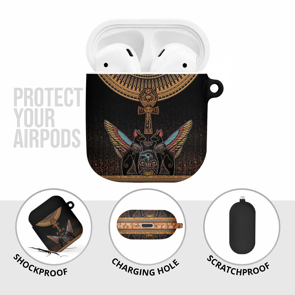 Winged Egypt Cats AirPods Case Hieroglyphs Alphabet Pattern