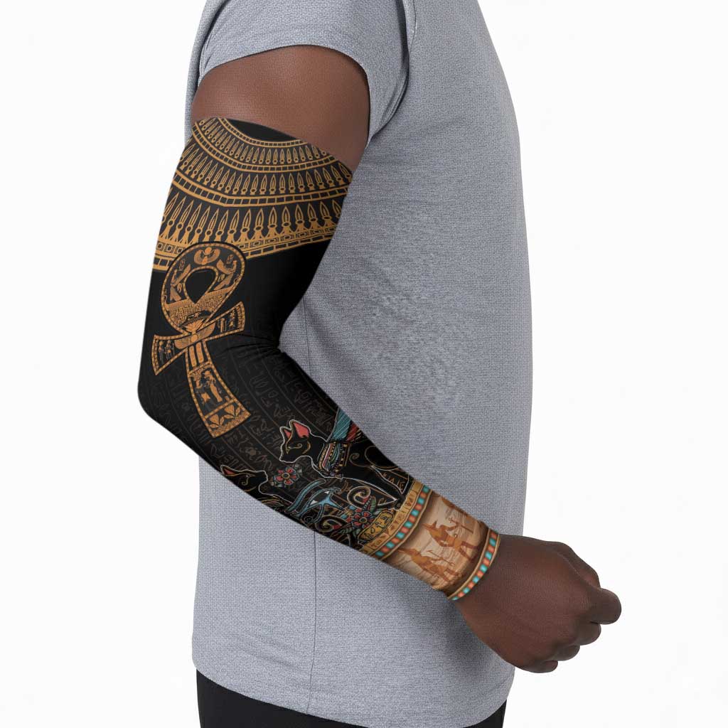 Winged Egypt Cats Arm Sleeves Hieroglyphs Alphabet Pattern