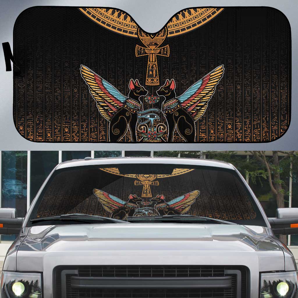 Winged Egypt Cats Auto Sun Shade Hieroglyphs Alphabet Pattern