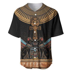 Winged Egypt Cats Baseball Jersey Hieroglyphs Alphabet Pattern