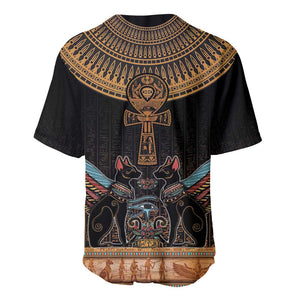 Winged Egypt Cats Baseball Jersey Hieroglyphs Alphabet Pattern