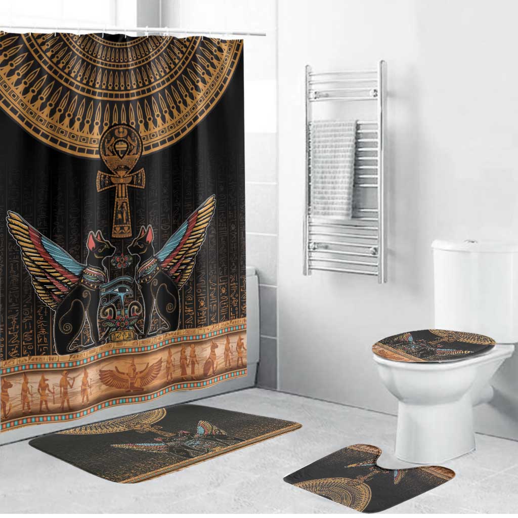 Winged Egypt Cats Bathroom Set Hieroglyphs Alphabet Pattern