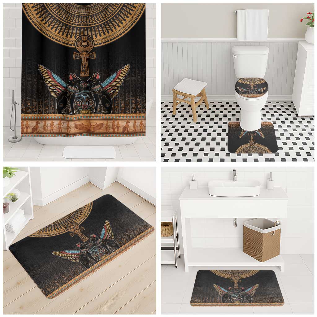 Winged Egypt Cats Bathroom Set Hieroglyphs Alphabet Pattern
