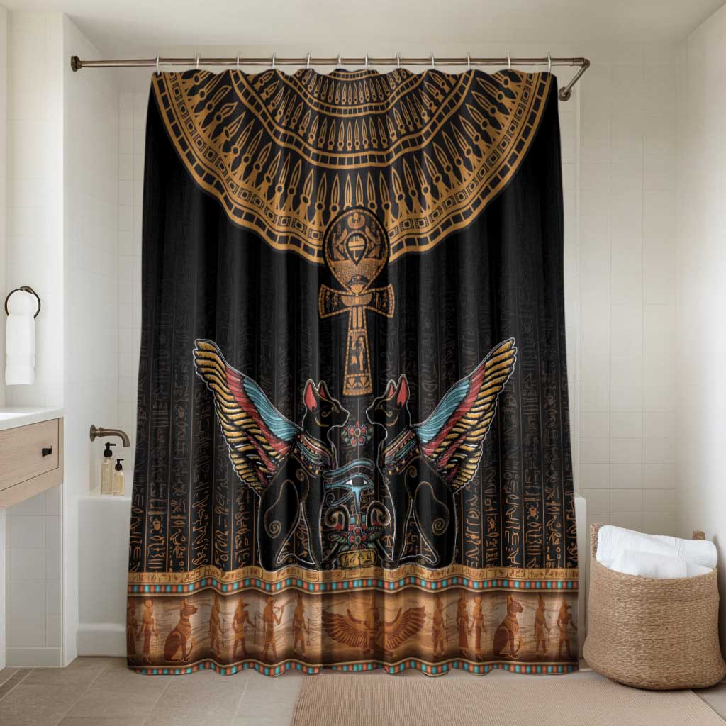 Winged Egypt Cats Bathroom Set Hieroglyphs Alphabet Pattern