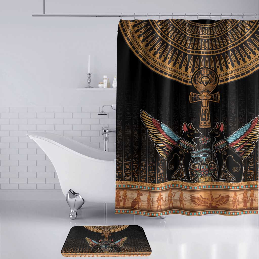 Winged Egypt Cats Bathroom Set Hieroglyphs Alphabet Pattern