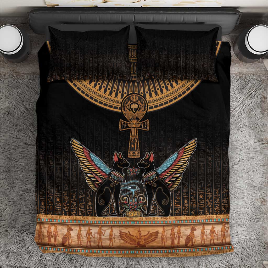 Winged Egypt Cats Bedding Set Hieroglyphs Alphabet Pattern