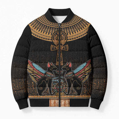 Winged Egypt Cats Bomber Puffer Jacket Hieroglyphs Alphabet Pattern
