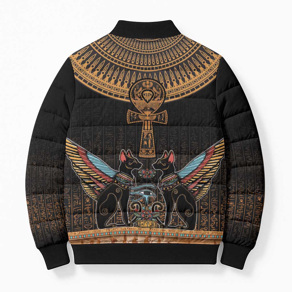 Winged Egypt Cats Bomber Puffer Jacket Hieroglyphs Alphabet Pattern