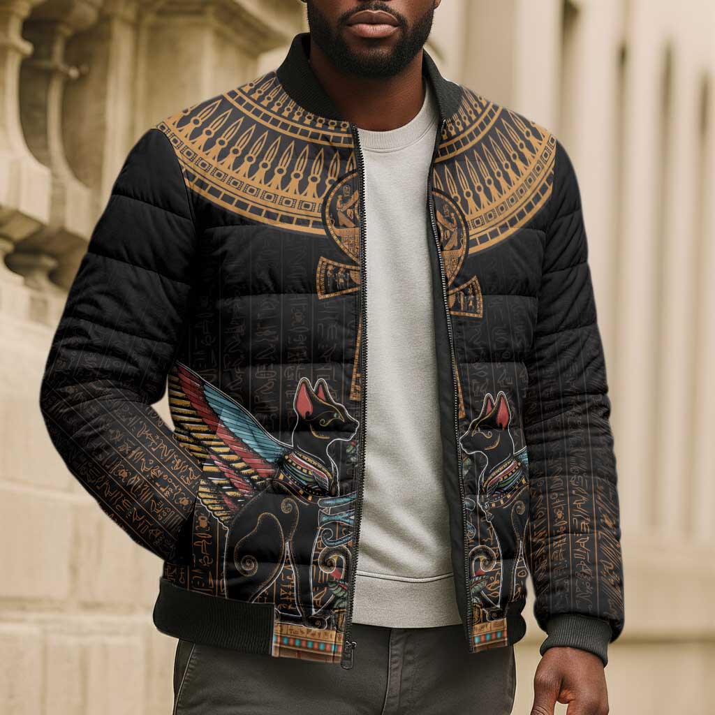 Winged Egypt Cats Bomber Puffer Jacket Hieroglyphs Alphabet Pattern
