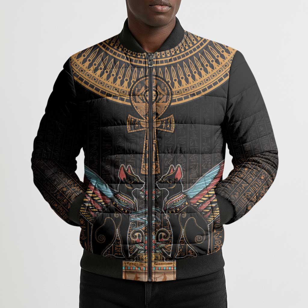 Winged Egypt Cats Bomber Puffer Jacket Hieroglyphs Alphabet Pattern