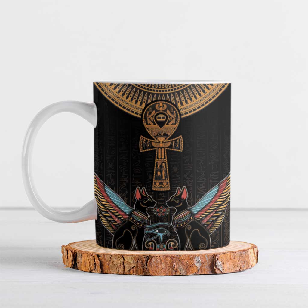 Winged Egypt Cats Ceramic Mug Hieroglyphs Alphabet Pattern