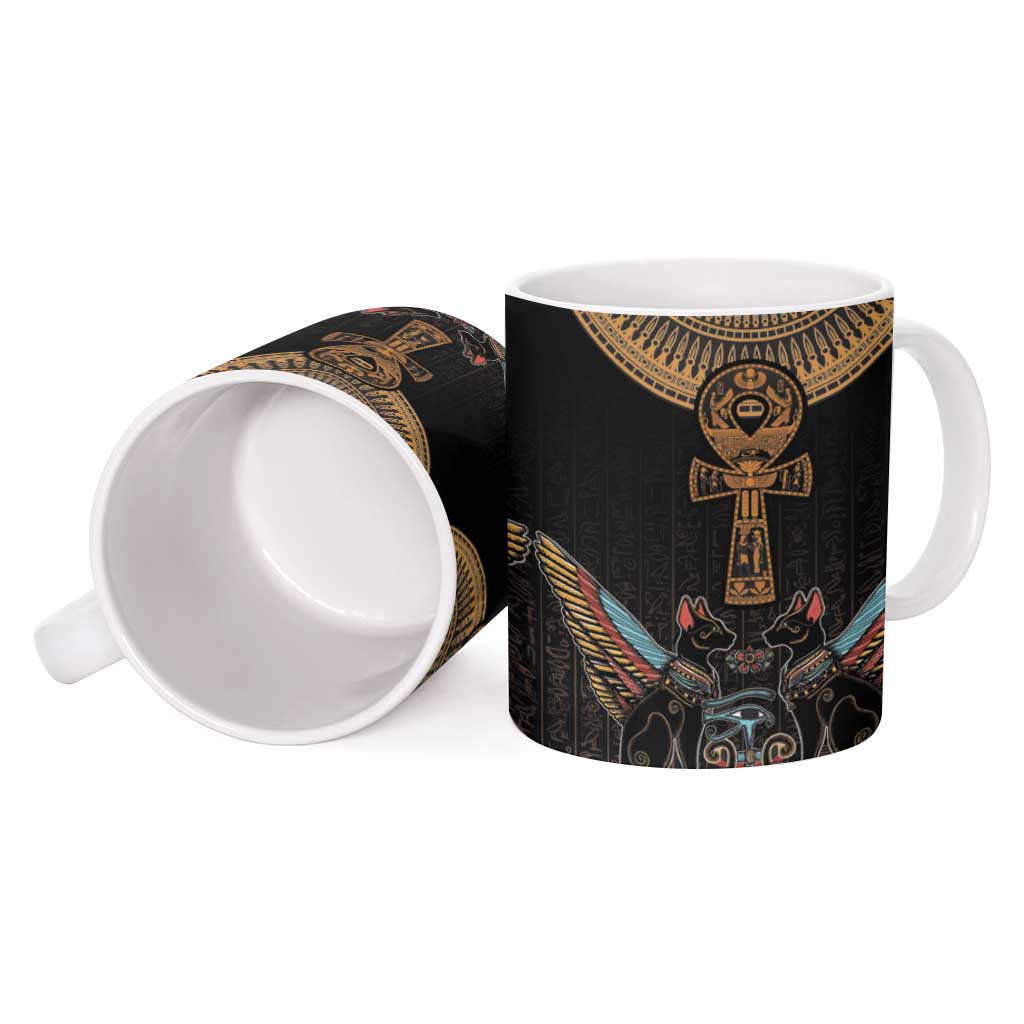 Winged Egypt Cats Ceramic Mug Hieroglyphs Alphabet Pattern
