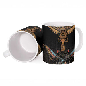 Winged Egypt Cats Ceramic Mug Hieroglyphs Alphabet Pattern