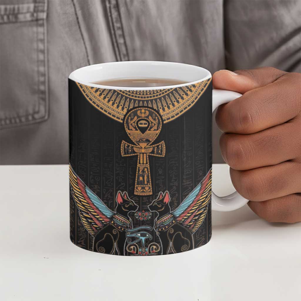 Winged Egypt Cats Ceramic Mug Hieroglyphs Alphabet Pattern