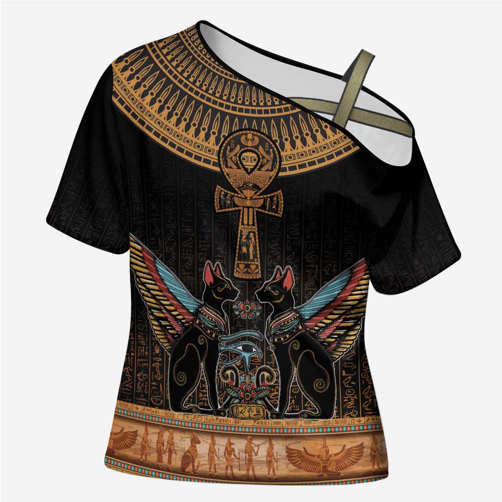 Winged Egypt Cats Cross Shoulder Shirt Hieroglyphs Alphabet Pattern