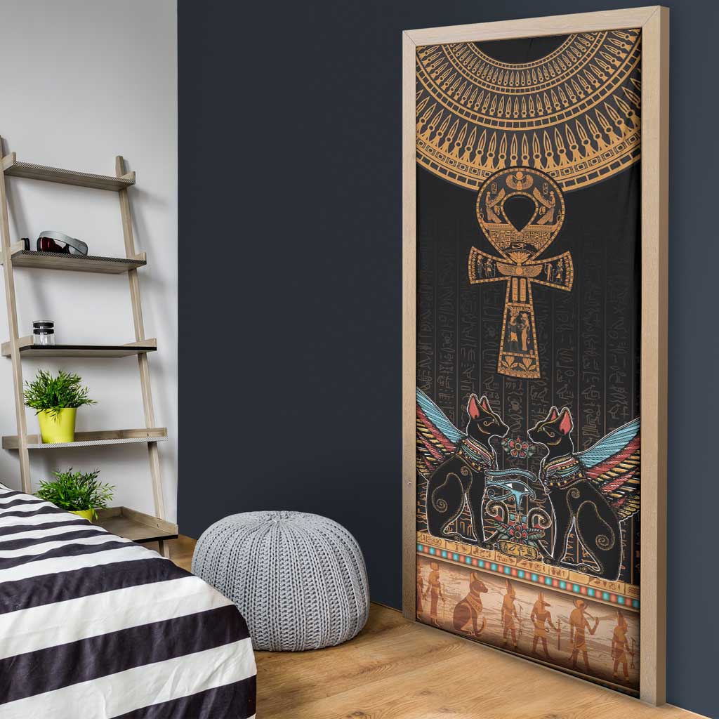 Winged Egypt Cats Door Cover Hieroglyphs Alphabet Pattern