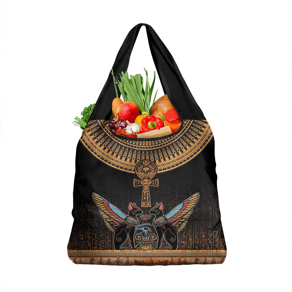 Winged Egypt Cats Grocery Bag Hieroglyphs Alphabet Pattern