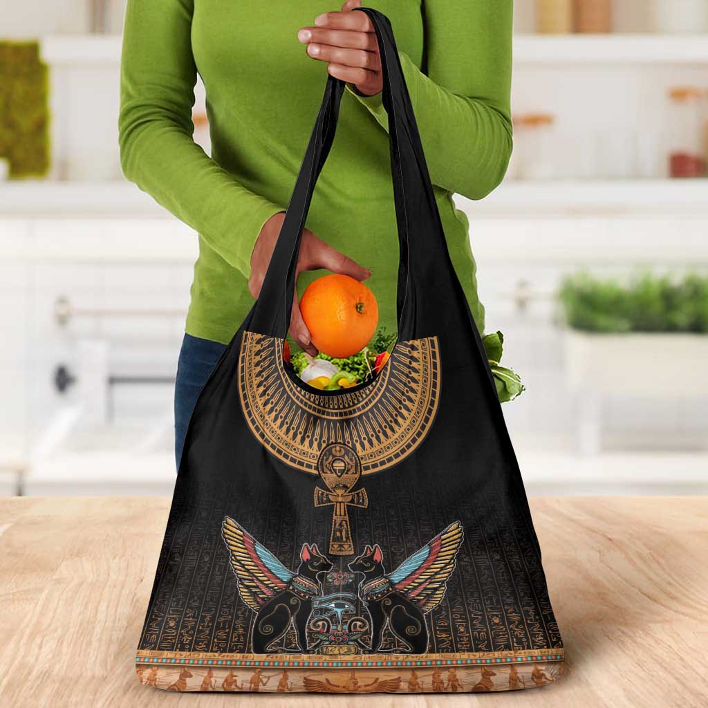 Winged Egypt Cats Grocery Bag Hieroglyphs Alphabet Pattern
