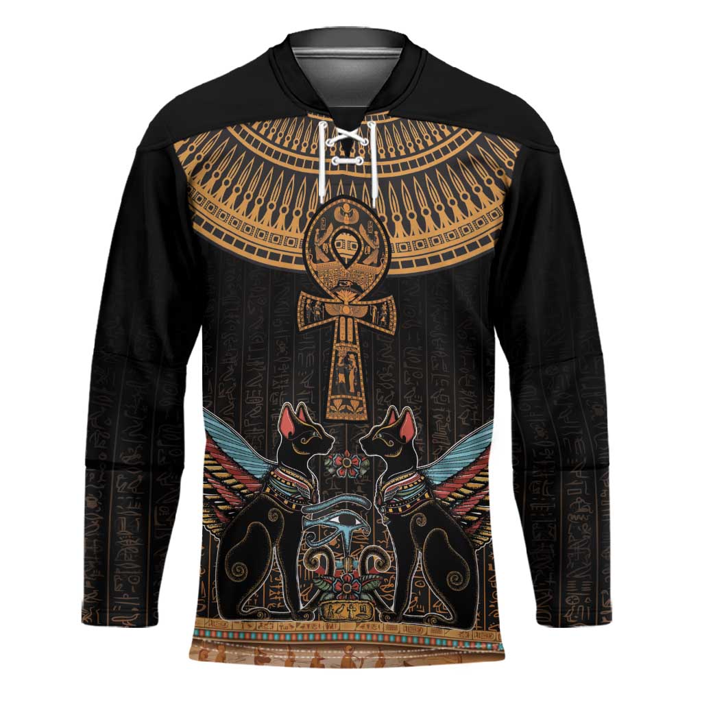 Winged Egypt Cats Hockey Jersey Hieroglyphs Alphabet Pattern