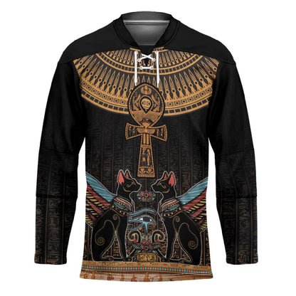 Winged Egypt Cats Hockey Jersey Hieroglyphs Alphabet Pattern