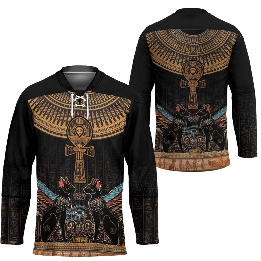 Winged Egypt Cats Hockey Jersey Hieroglyphs Alphabet Pattern