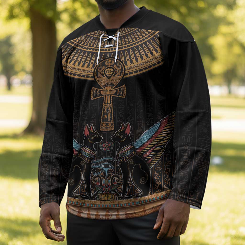 Winged Egypt Cats Hockey Jersey Hieroglyphs Alphabet Pattern